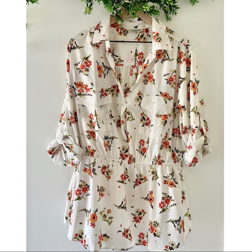 Mileage Floral Button Down Peplum Blouse White 3X